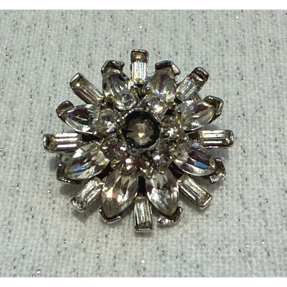 Vintage Mid-Century Silver-Tone Rhinestone Starburst Brooch Pin No Center Stone